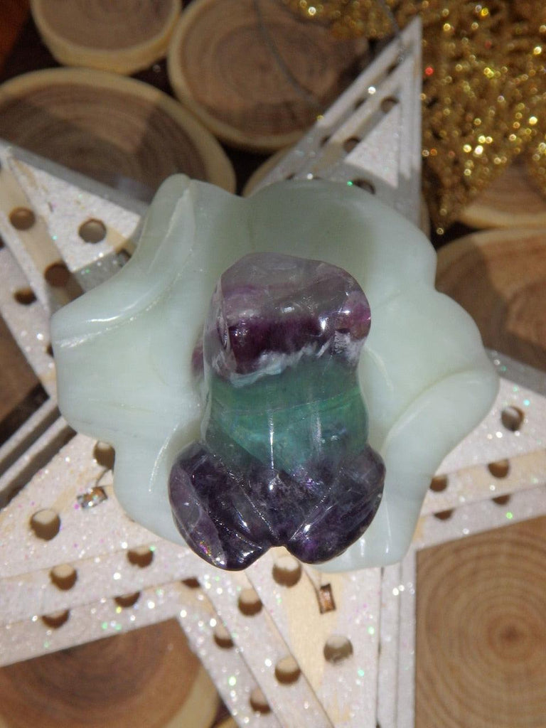 Precious Rainbow Fluorite Frog Carving on Mint Green Jade Lily Pad 4 - Earth Family Crystals