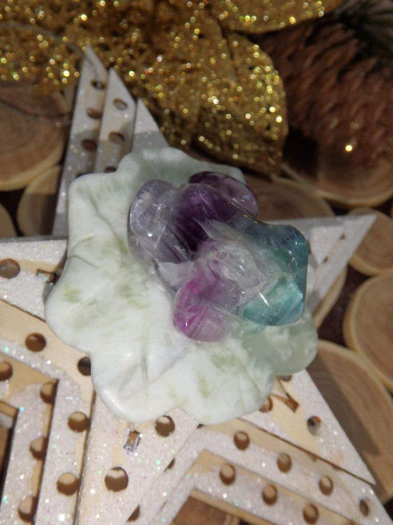 Precious Rainbow Fluorite Frog Carving on Mint Green Jade Lily Pad 1 - Earth Family Crystals