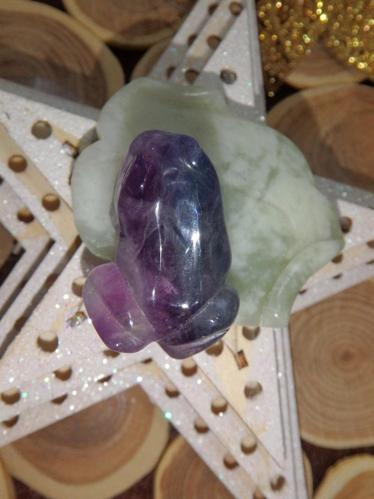 Precious Rainbow Fluorite Frog Carving on Mint Green Jade Lily Pad 2 - Earth Family Crystals