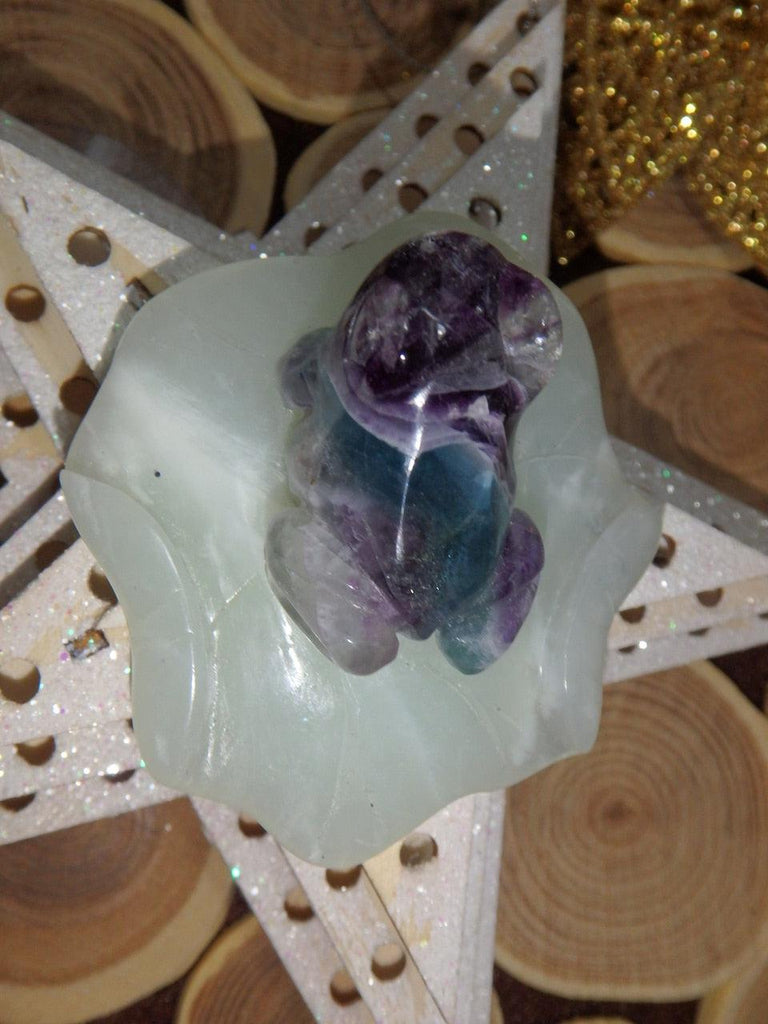 Precious Rainbow Fluorite Frog Carving on Mint Green Jade Lily Pad 3 - Earth Family Crystals
