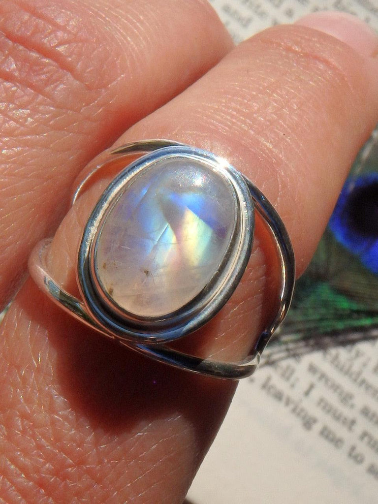 Rainbow Moonstone Galaxy Ring in Sterling Silver (Size 8) - Earth Family Crystals