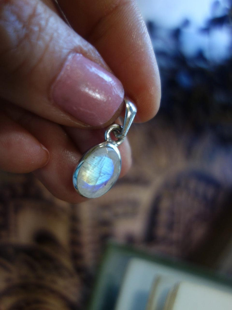 Pretty Yellow & Blue Flash Dainty Moonstone Pendant In Sterling Silver (Includes Silver Chain) - Earth Family Crystals