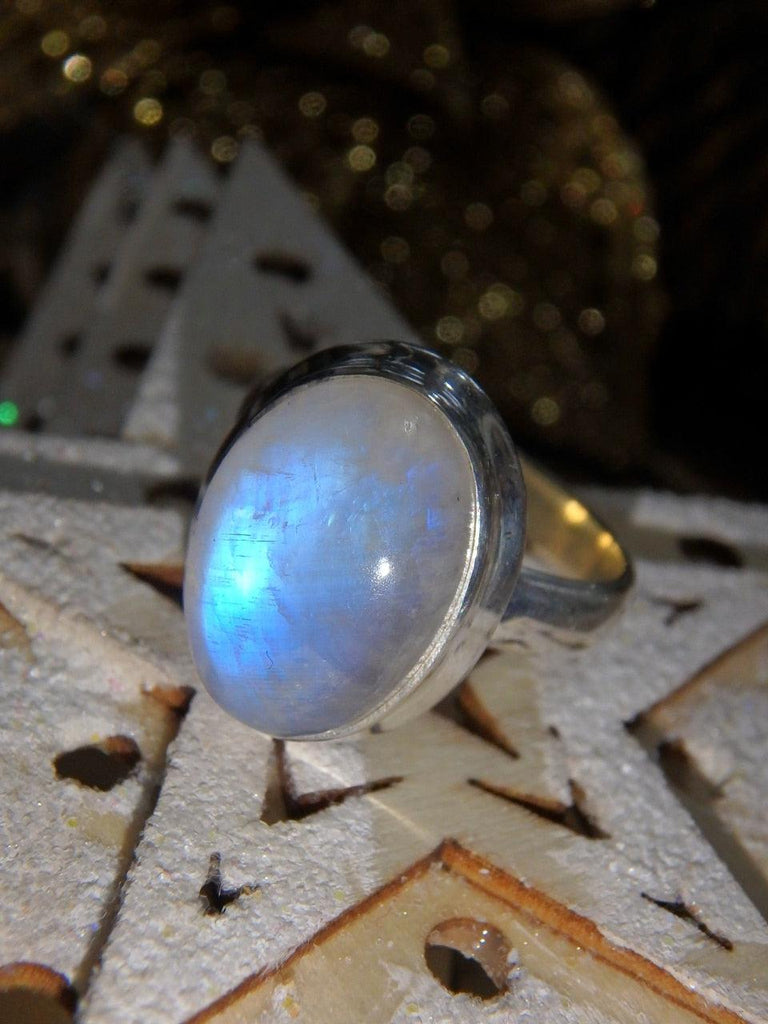 Flashes of Royal Blue Moonstone Ring in Sterling Silver (Size 6) - Earth Family Crystals