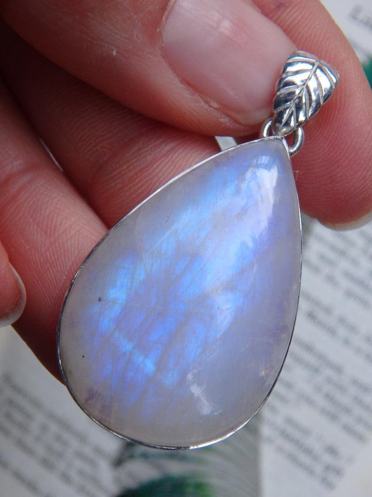 Gorgeous Cobalt Blue Glow Teardrop Rainbow Moonstone Pendant In Sterling Silver (Includes Silver Chain) - Earth Family Crystals