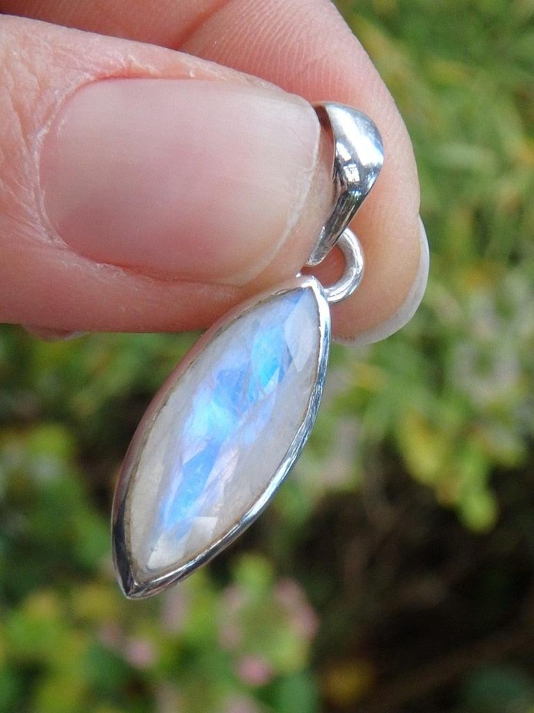 Faceted Blue Flash Rainbow Moonstone  Gemstone Pendant In Sterling Silver (Includes Silver Chain) - Earth Family Crystals