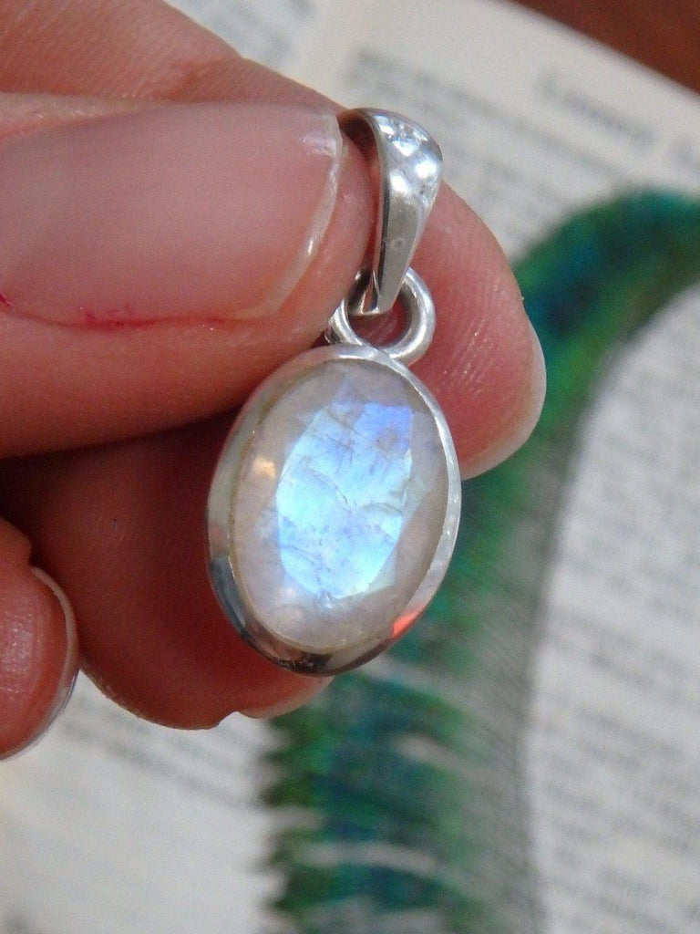 Cute & Dainty Faceted Rainbow Moonstone Gemstone Pendant In Sterling Silver (Includes Silver Chain) - Earth Family Crystals