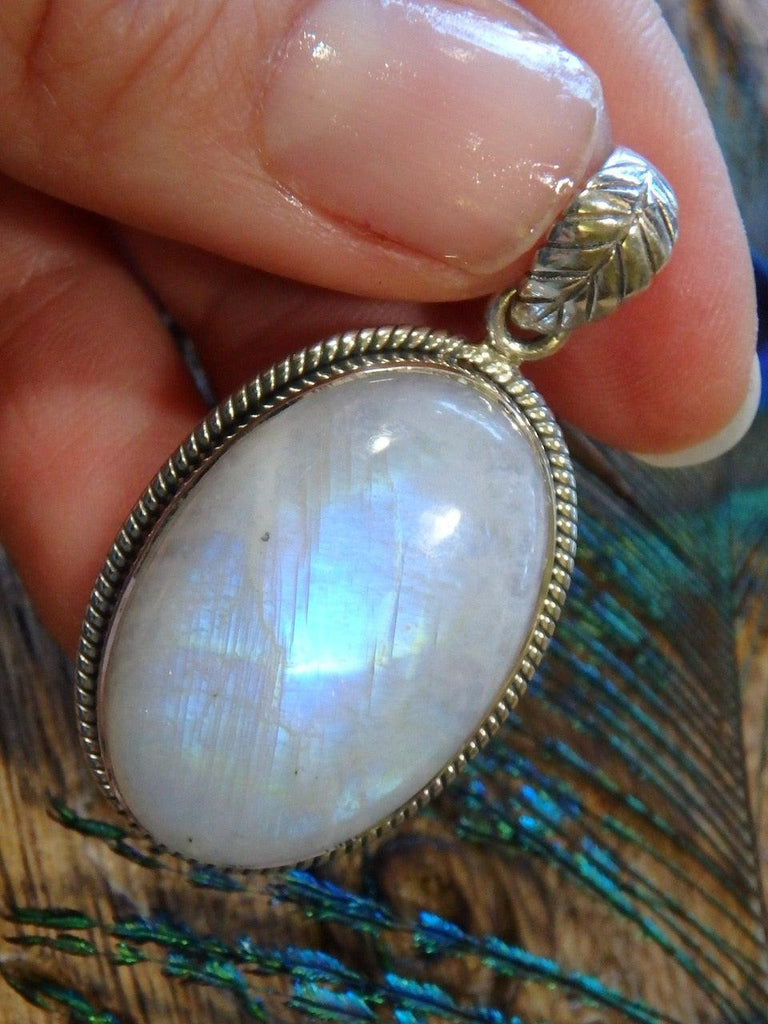 Royal Blue & Green Flashes Rainbow Moonstone Pendant In Sterling Silver (Includes Silver Chain) - Earth Family Crystals