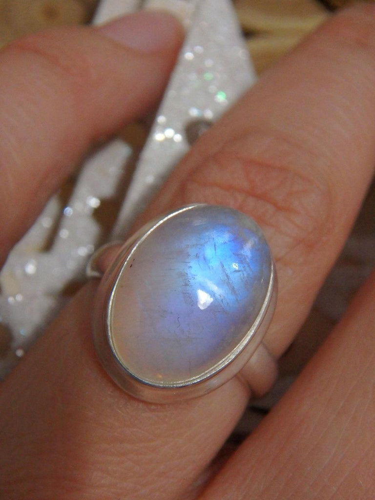 Flashes of Royal Blue Moonstone Ring in Sterling Silver (Size 6) - Earth Family Crystals