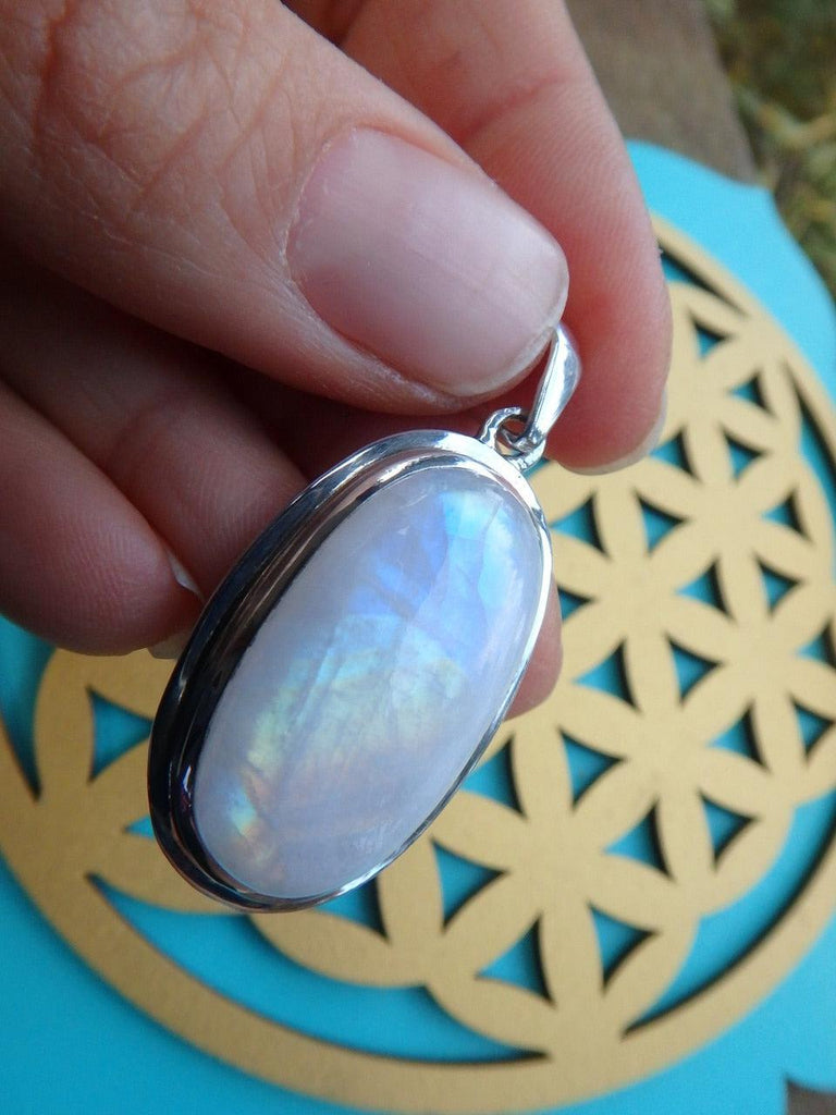 Pretty Colors Rainbow Moonstone Gemstone Pendant In Sterling Silver  (Includes Silver Chain) - Earth Family Crystals