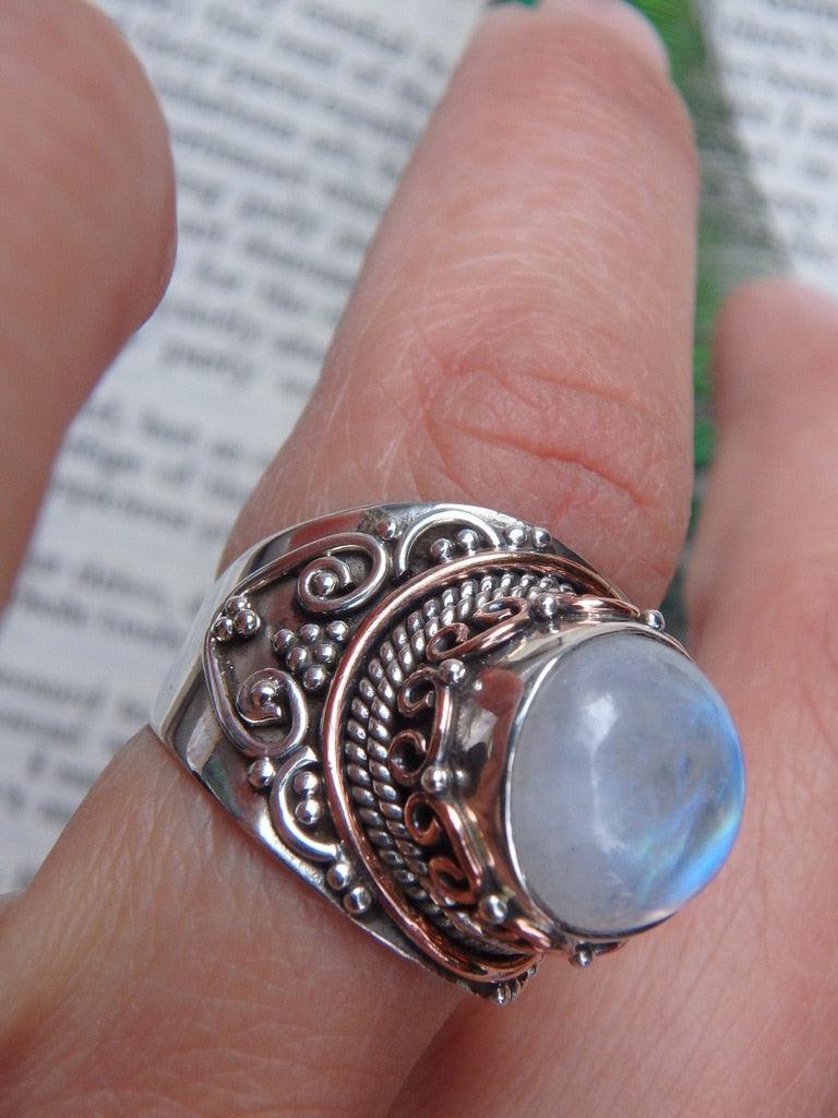 Fancy Design~ Moon Shaped Rainbow Moonstone Ring In Sterling Silver (Size 6.5) - Earth Family Crystals