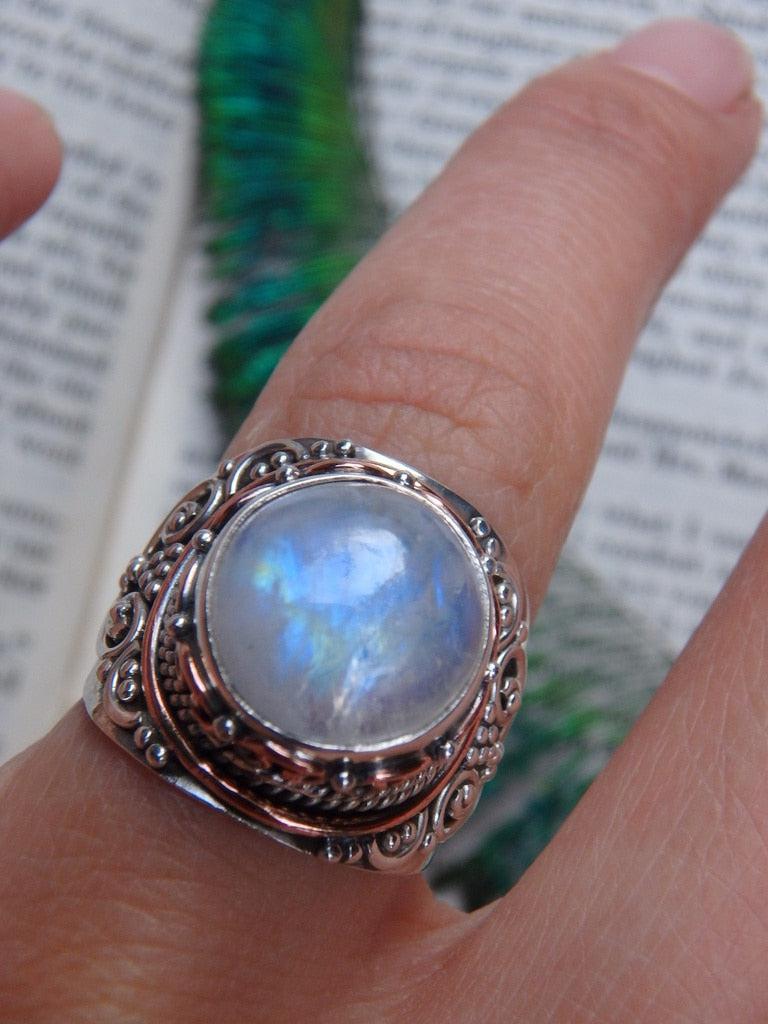 Fancy Design~ Moon Shaped Rainbow Moonstone Ring In Sterling Silver (Size 6.5) - Earth Family Crystals