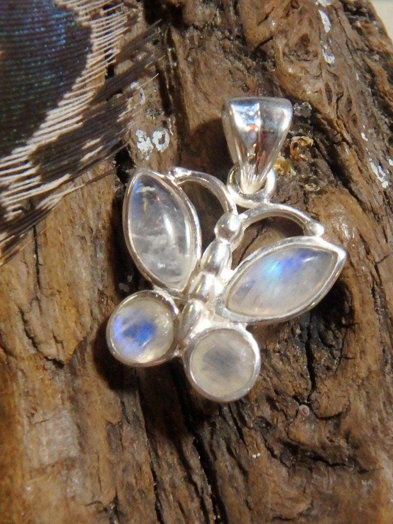 Adorable Dainty Rainbow Moonstone Butterfly Pendant  In Sterling Silver (Includes Silver Chain) - Earth Family Crystals
