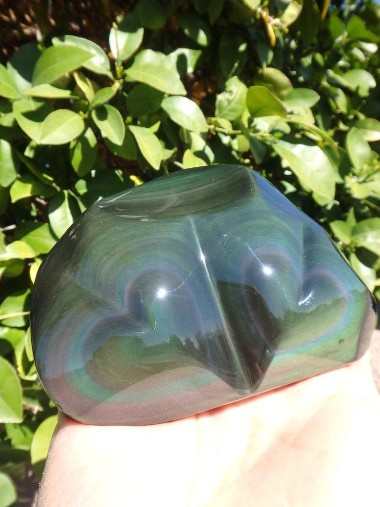 Large Glowing Rainbow Obsidian Double Heart Display Specimen - Earth Family Crystals