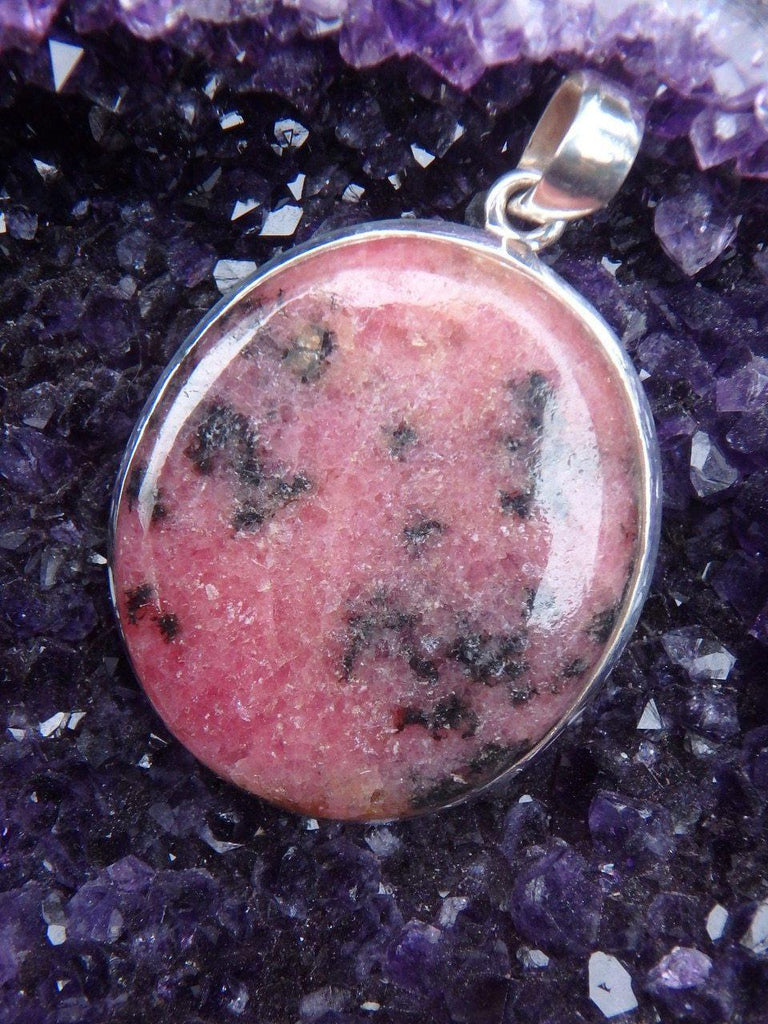 Chunky Full Moon Rhodonite Pendant In Sterling Silver  (Includes Silver Chain) - Earth Family Crystals