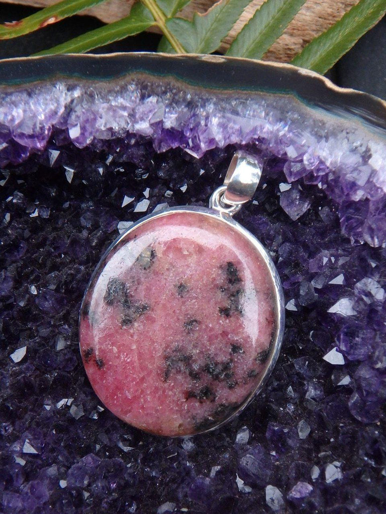 Chunky Full Moon Rhodonite Pendant In Sterling Silver  (Includes Silver Chain) - Earth Family Crystals