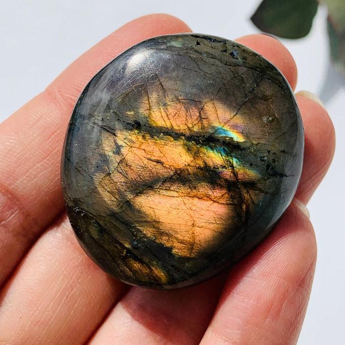 Salmon Pink Flash Labradorite Palm Stone from Madagascar - Earth Family Crystals