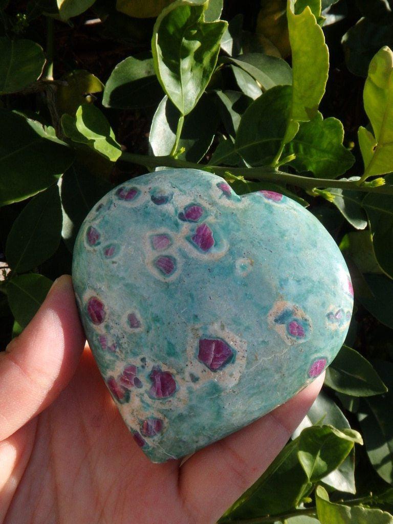 Amazing Large Ruby Fuschite Gemstone Heart with Mega Rubys - Earth Family Crystals