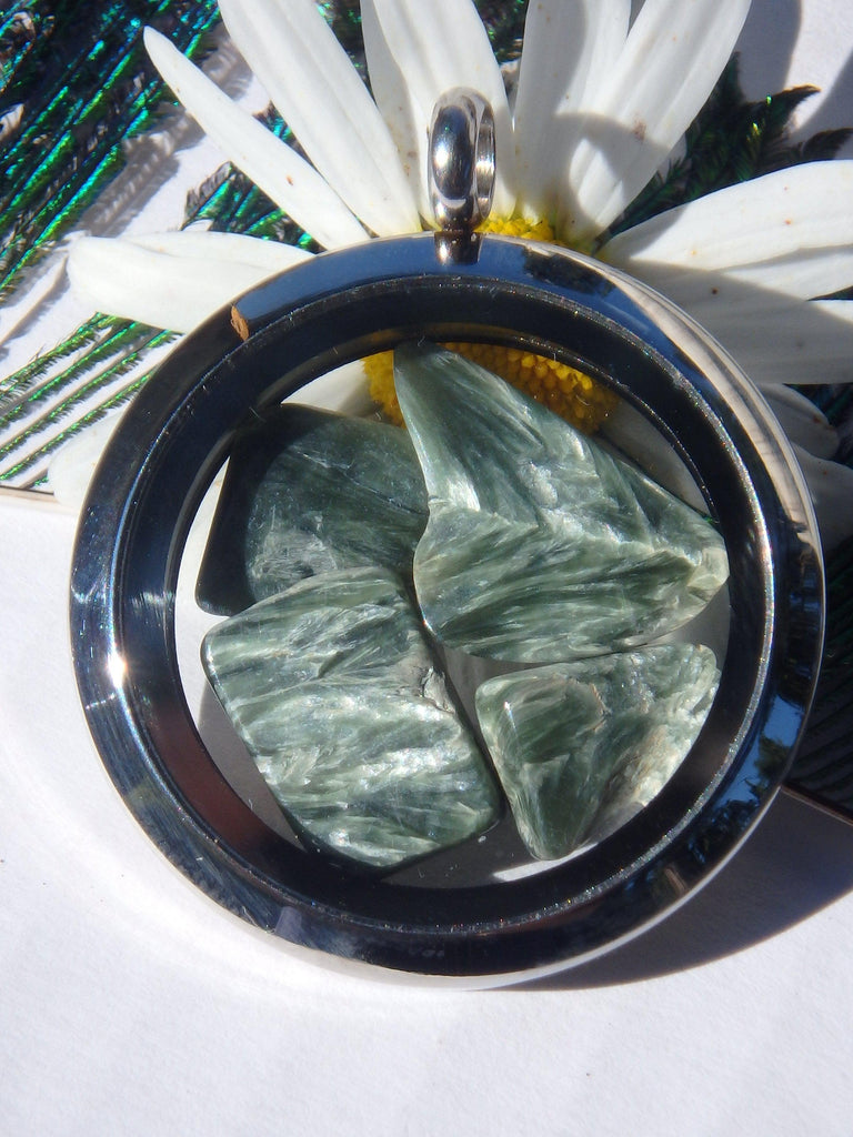 Angel Wings Seraphinite Floating in Locket Style Stainless Steel Pendant (Includes Silver Chain) - Earth Family Crystals