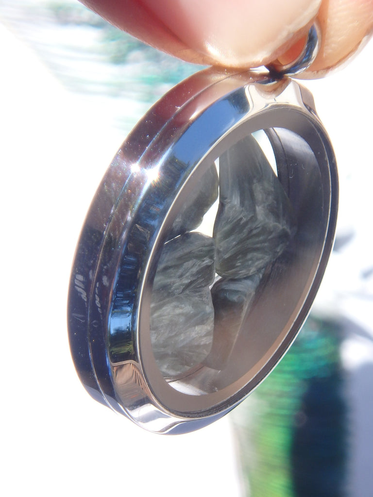 Angel Wings Seraphinite Floating in Locket Style Stainless Steel Pendant (Includes Silver Chain) - Earth Family Crystals
