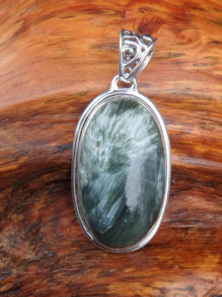 Feathery Silver Patterns Seraphinite Pendant In Sterling Silver  (Includes Silver Chain) - Earth Family Crystals