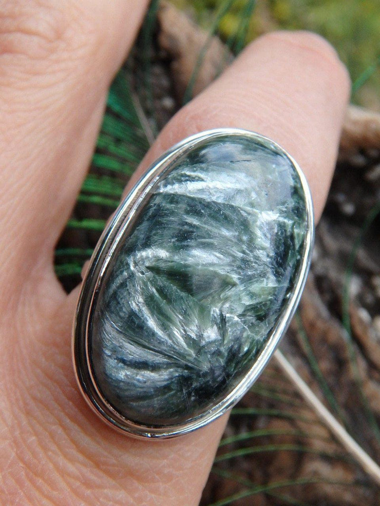 Chunky & Amazing Silvery Angel Wings Seraphinite Ring In Sterling Silver (Size 7.5) - Earth Family Crystals