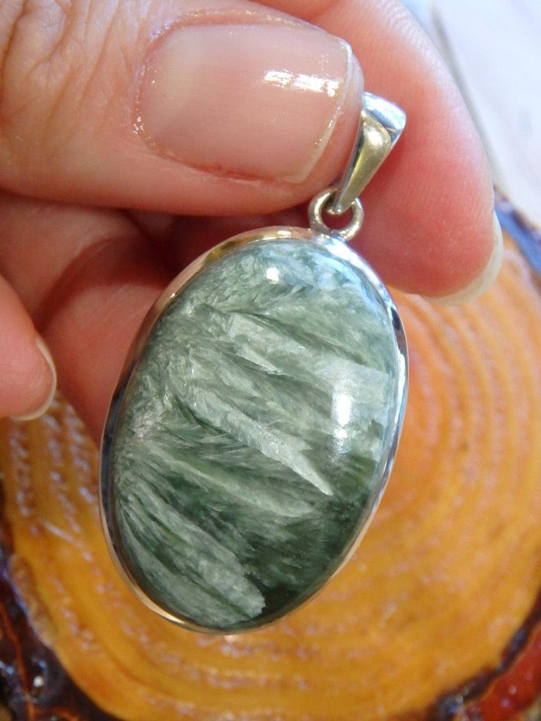 Pretty Silvery Feathered Seraphinite Pendant In Sterling Silver (Includes Silver Chain) - Earth Family Crystals