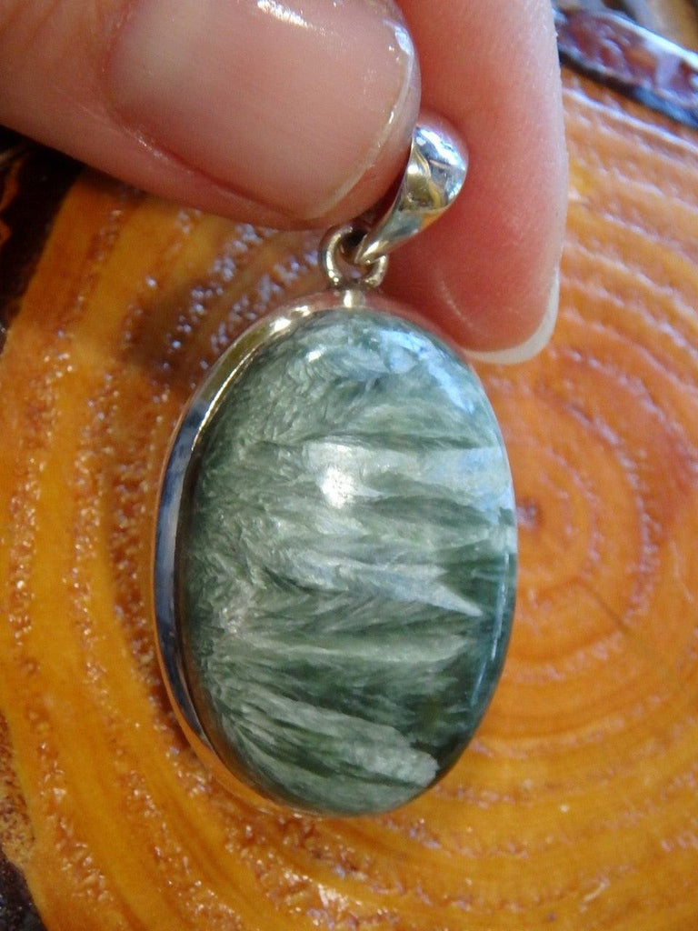 Pretty Silvery Feathered Seraphinite Pendant In Sterling Silver (Includes Silver Chain) - Earth Family Crystals