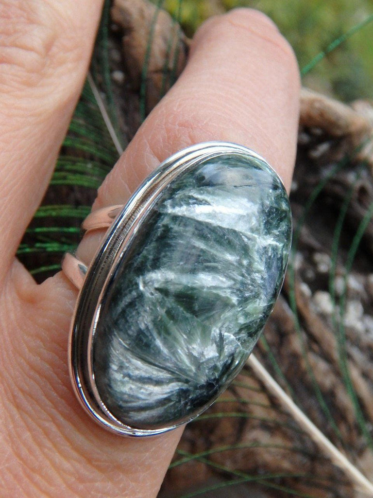 Chunky & Amazing Silvery Angel Wings Seraphinite Ring In Sterling Silver (Size 7.5) - Earth Family Crystals