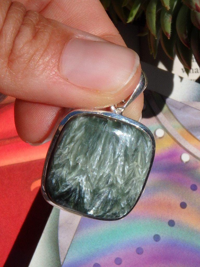 Angel Wings & Deep Green Seraphinite Pendant In Sterling Silver (Includes Silver Chain) - Earth Family Crystals
