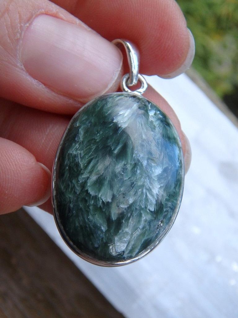 Forest Green Oval Seraphinite  Gemstone Pendant In Sterling Silver (Includes Silver Chain) - Earth Family Crystals