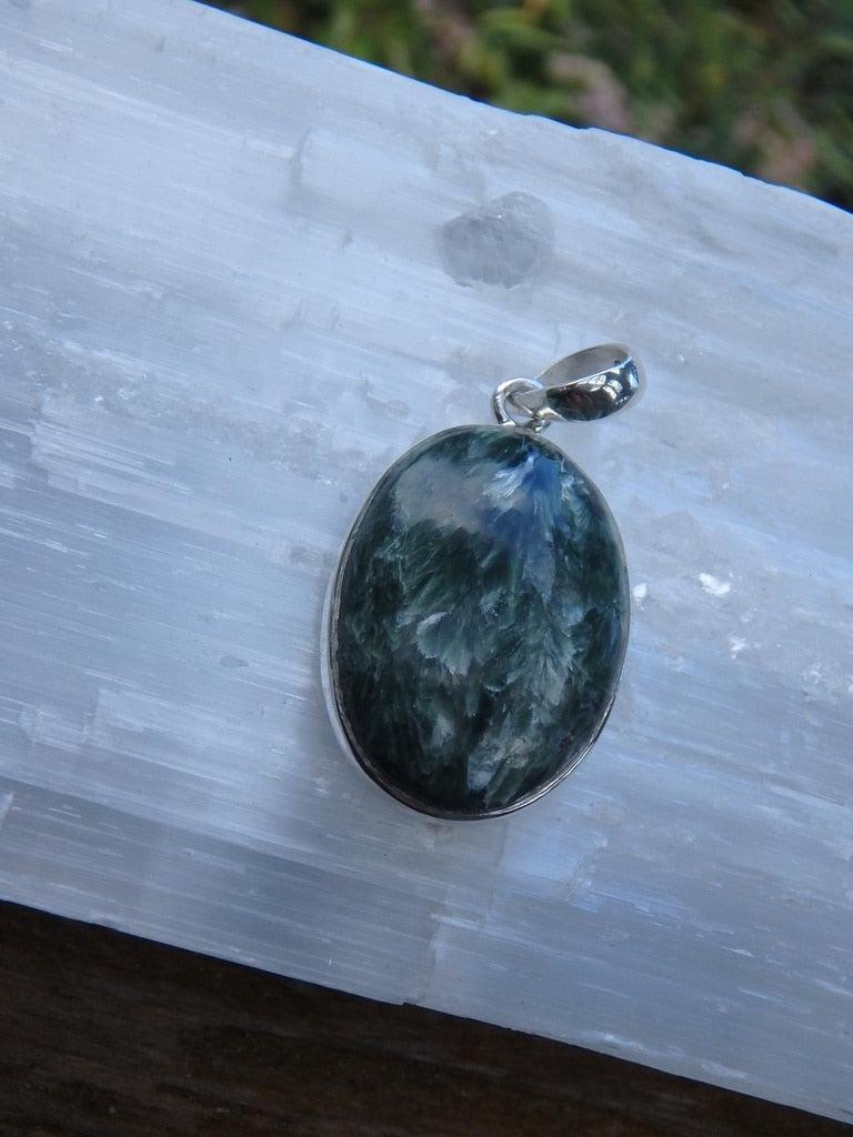 Forest Green Oval Seraphinite  Gemstone Pendant In Sterling Silver (Includes Silver Chain) - Earth Family Crystals
