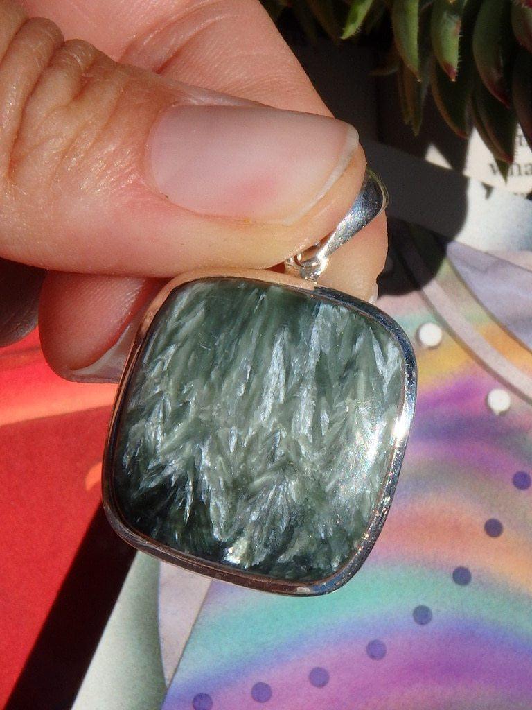 Angel Wings & Deep Green Seraphinite Pendant In Sterling Silver (Includes Silver Chain) - Earth Family Crystals