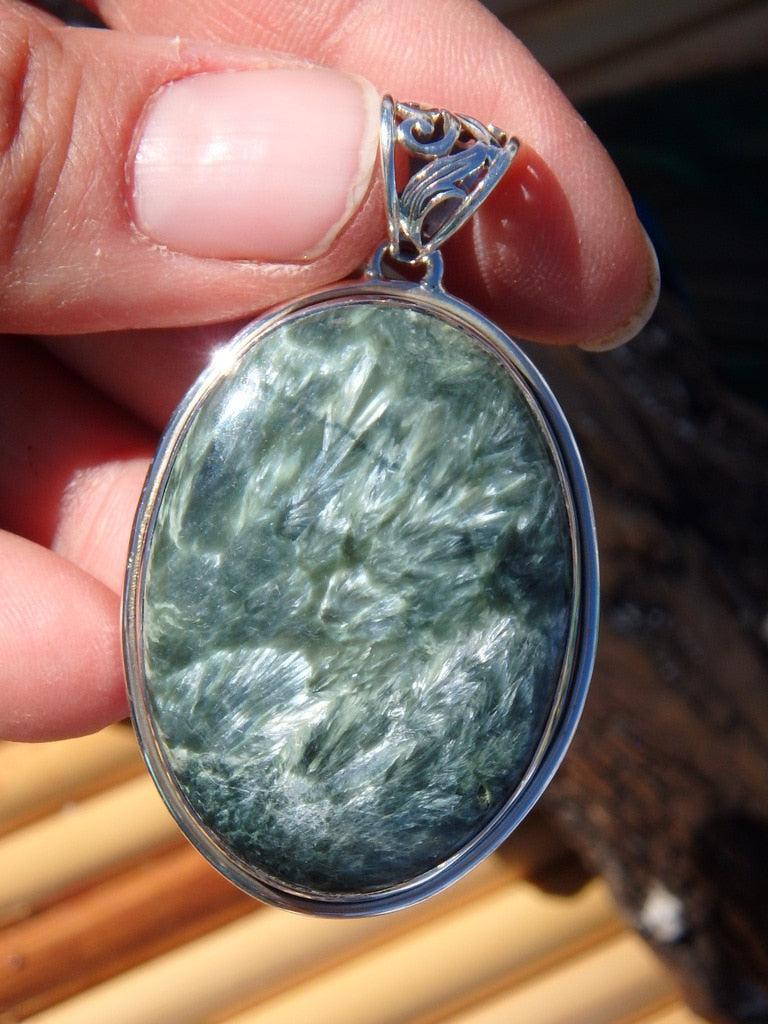 Large Silver Angel Wings Seraphinite Gemstone Pendant In Sterling Silver (Includes Silver Chain) - Earth Family Crystals