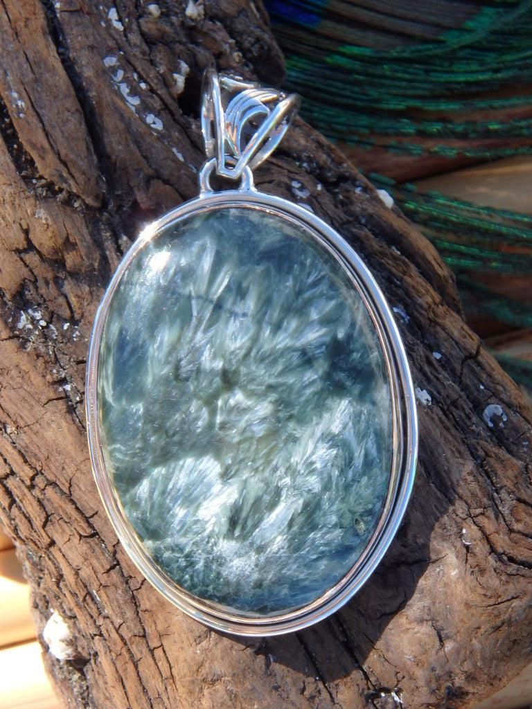 Large Silver Angel Wings Seraphinite Gemstone Pendant In Sterling Silver (Includes Silver Chain) - Earth Family Crystals