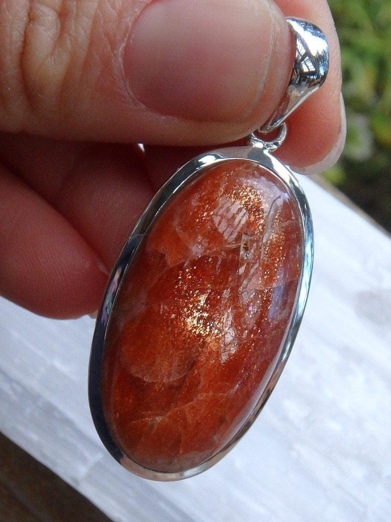 Amazing Orange Glimmer Large Sunstone  Gemstone Pendant In Sterling Silver (Includes Silver Chain) - Earth Family Crystals