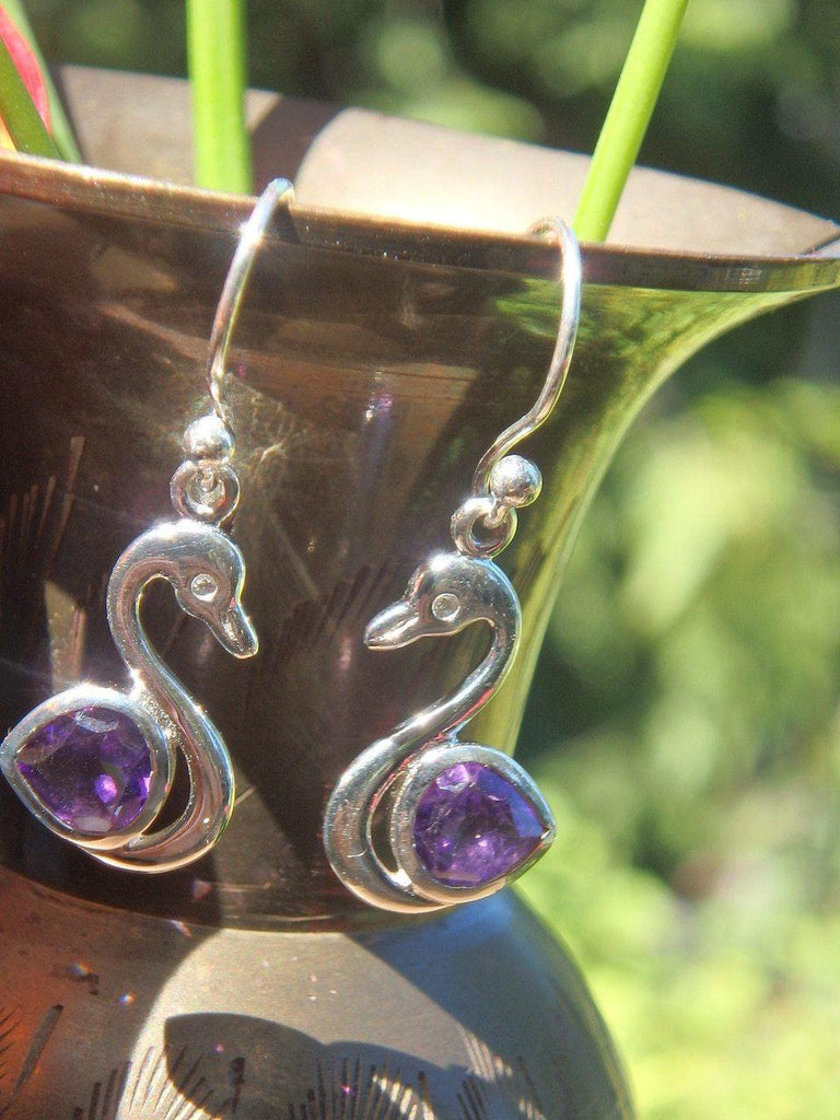 Amethyst Graceful Swan Earrings in Sterling Silver - Earth Family Crystals