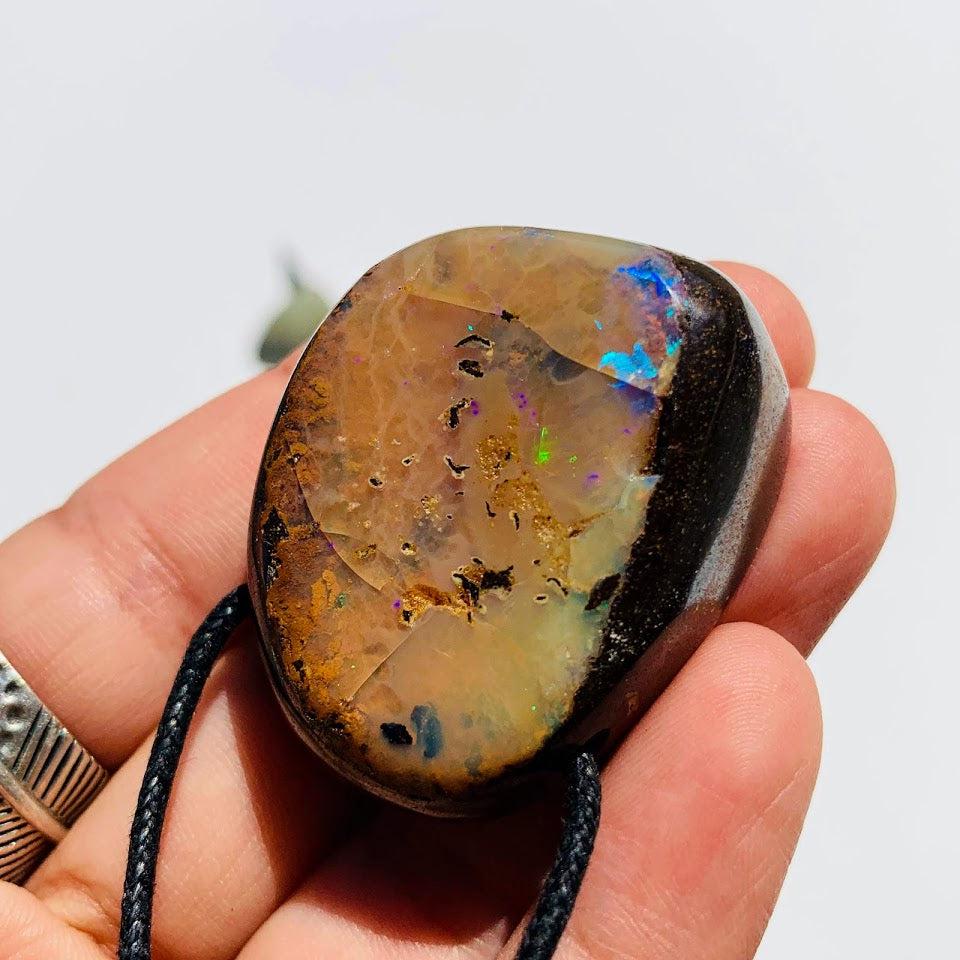 High Grade Sparkling Australian Chunky Boulder Opal Pendant on Adjustable Cotton Cord - Earth Family Crystals