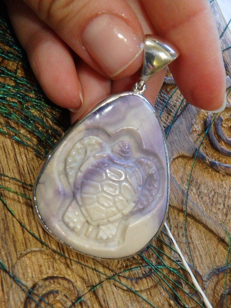 Custom Crafted! Incredible Chunky Tiffany Stone With Turtle Etching Gemstone Pendant In Sterling Silver (Includes Silver Chain) - Earth Family Crystals