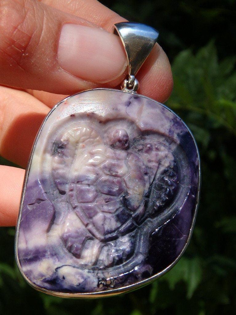 Breathtaking Custom Crafted Turtle Etched In Chunky Purple Tiffany Stone Pendant In Sterling Silver (Includes Silver Chain) - Earth Family Crystals