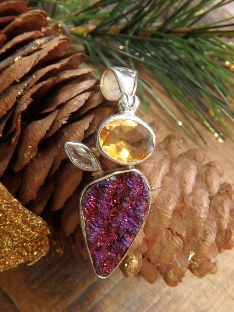 Stunning Pink Titanium Druzy, Faceted Citrine & White Topaz Gemstone Pendant in Sterling Silver (Includes Silver Chain) - Earth Family Crystals