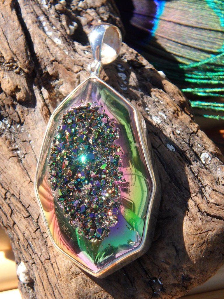 Custom Crafted Large Titanium Druzy Quartz Gemstone Pendant In Sterling Silver (Includes Silver Chain) - Earth Family Crystals