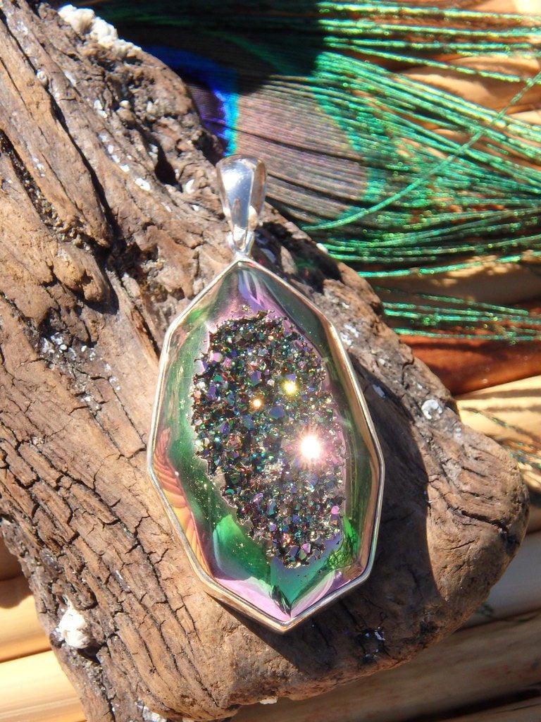Custom Crafted Large Titanium Druzy Quartz Gemstone Pendant In Sterling Silver (Includes Silver Chain) - Earth Family Crystals
