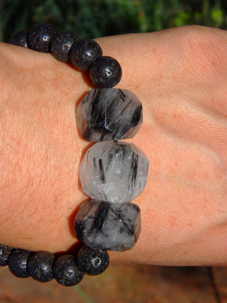 Fabulous Tourmalated Quartz & Lava stone Adjustable Bracelet - Earth Family Crystals
