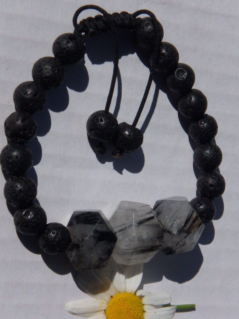 Fabulous Tourmalated Quartz & Lava stone Adjustable Bracelet - Earth Family Crystals