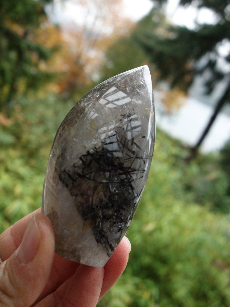 Delightful Tourmalated Quartz Flame Carving **(REDUCED)** - Earth Family Crystals