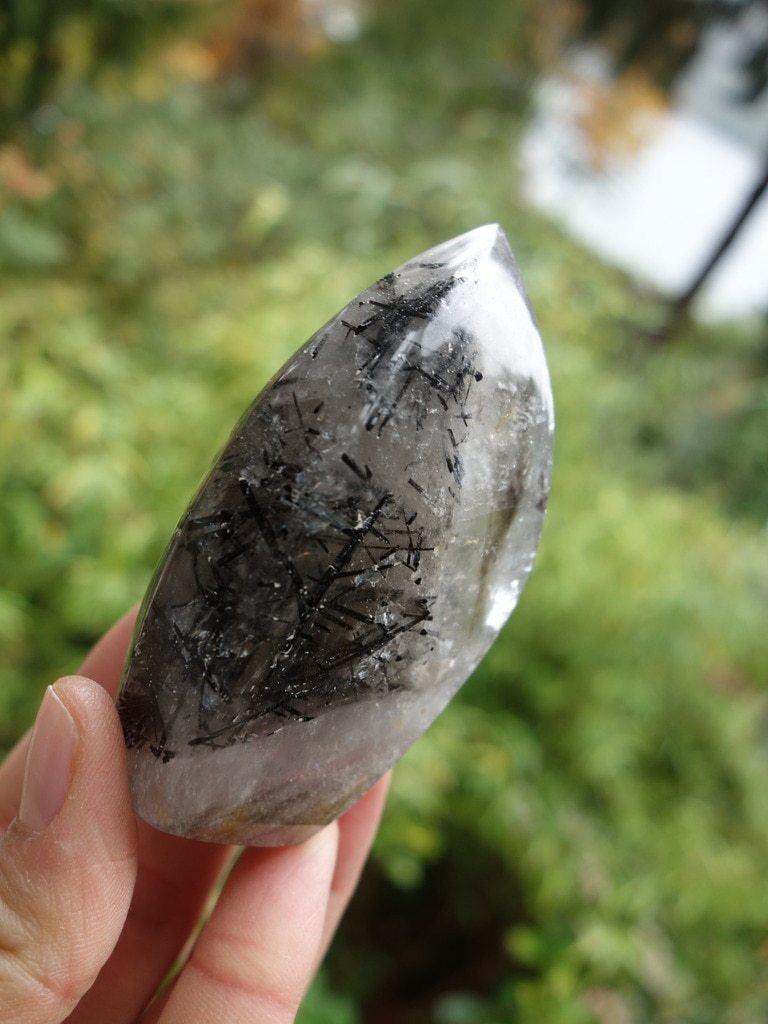Delightful Tourmalated Quartz Flame Carving **(REDUCED)** - Earth Family Crystals