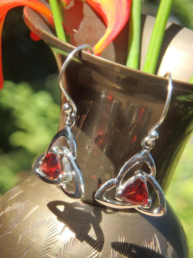 Faceted Red Garnet Trillion Earrings in Sterling Silver - Earth Family Crystals