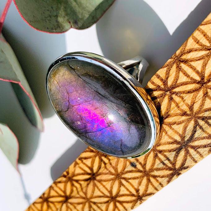 Moving Purple Flash Labradorite Ring in Sterling Silver (Size 9.5) - Earth Family Crystals