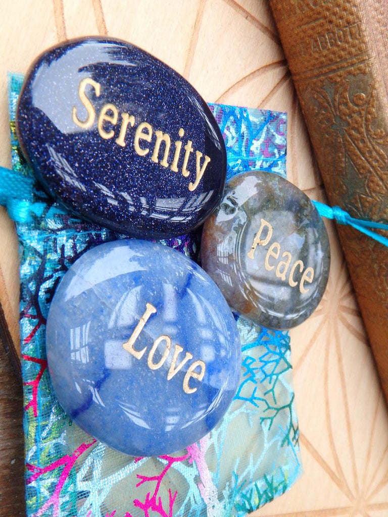 Word Stone Set of 3~Blue Agate Love Stone, Moss Agate Peace Stone, Blue Goldstone Serenity Stone - Earth Family Crystals