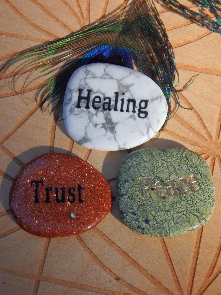 Word Stone Set of 3~ Howlite Healing Stone, Goldstone Trust Stone, Green Jasper Peace Stone - Earth Family Crystals